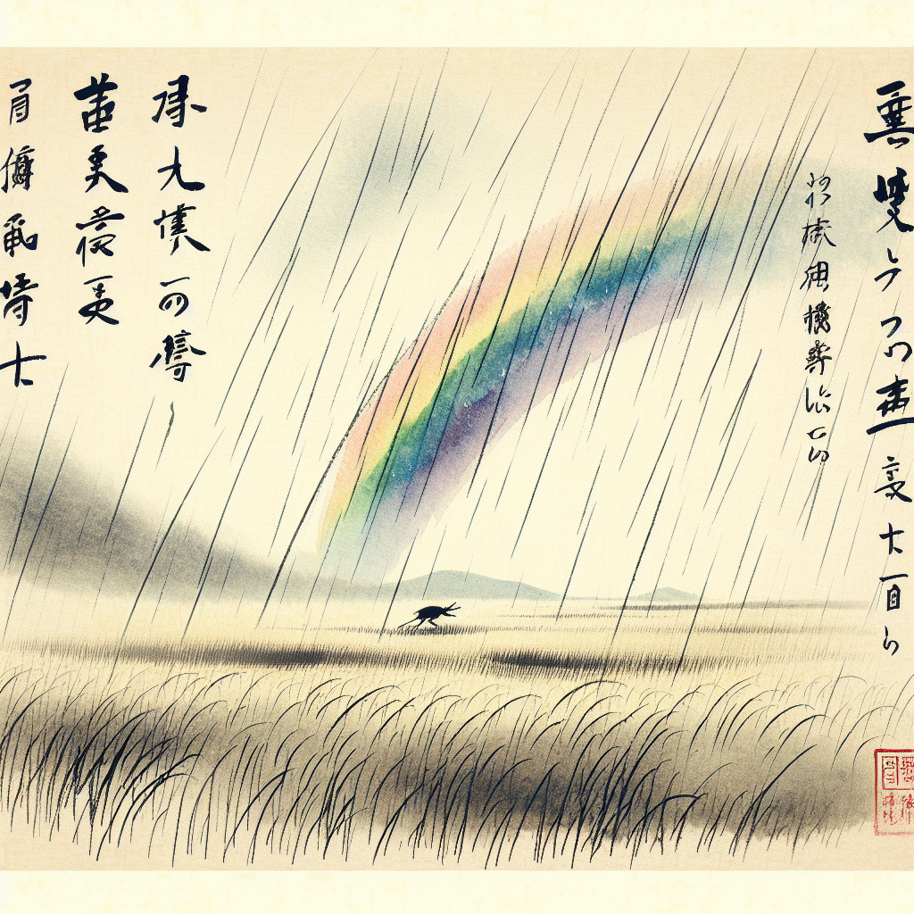 虹立ちて雨逃げて行く広野かな